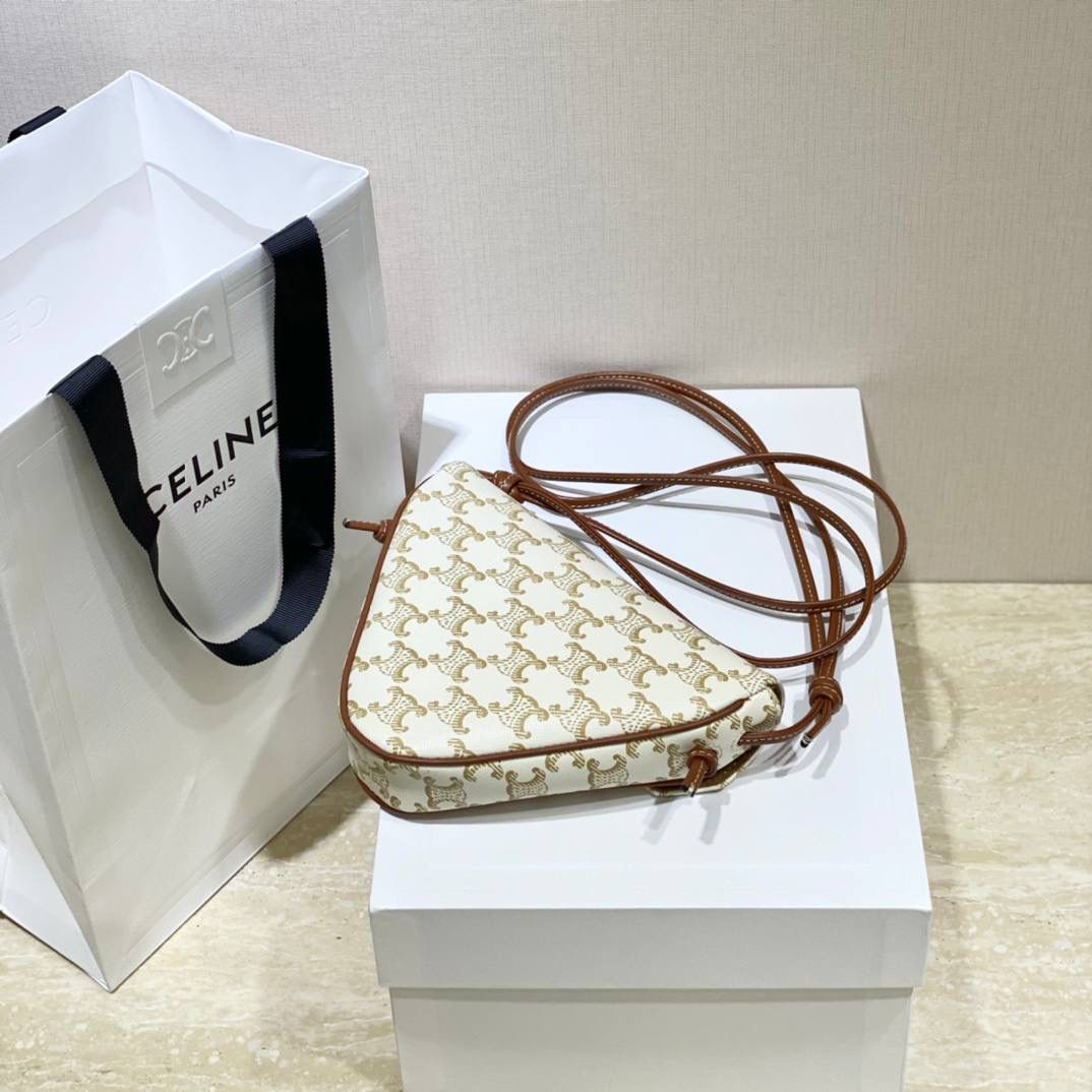 🔥大货实拍图 𝗖𝗘𝗟𝗜𝗡𝗘 ♥ 𝗧𝗥𝗜𝗢𝗠𝗣𝗛𝗘 𝗖𝗔𝗡𝗩𝗔𝗦三角形手袋 𝑪𝒆𝒍𝒊𝒏𝒆2021春夏竟出其不意的玩起了异形包，三角形造型很是别致，彰显不羁姿态，男女同款，吸晴选手✔ 型号：195902 尺寸：21*15*4cm