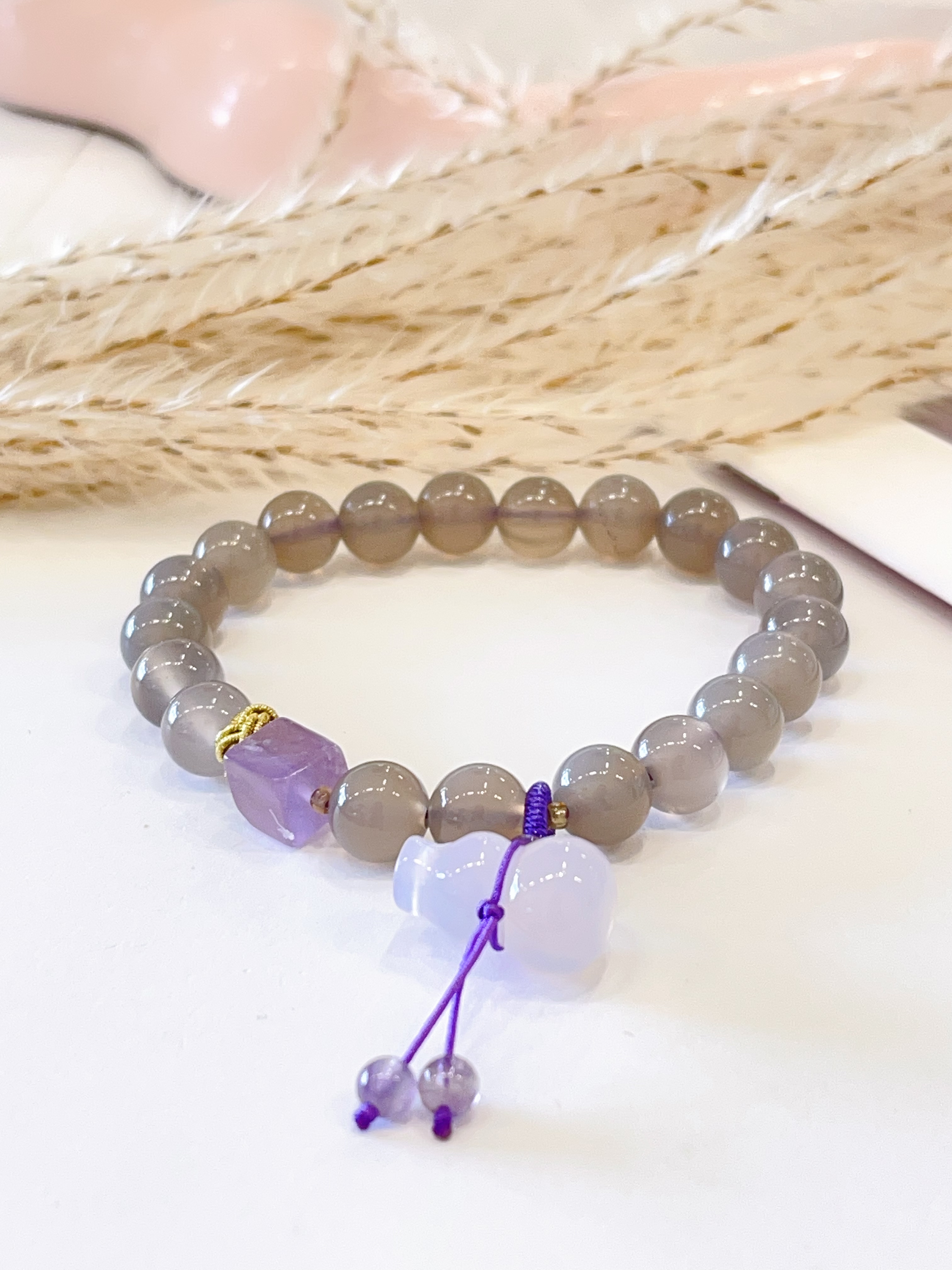 🩶💜🍀 灰玛瑙 × 紫水晶 × 葫芦手串 Grey Agate, Amethyst & Gourd Charm | 8mm