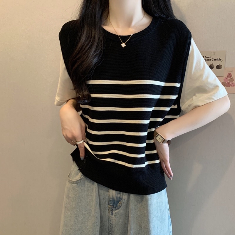  B359(876) 韩系减龄拼接杏短袖前部撞色横纹针织黑杏上衣