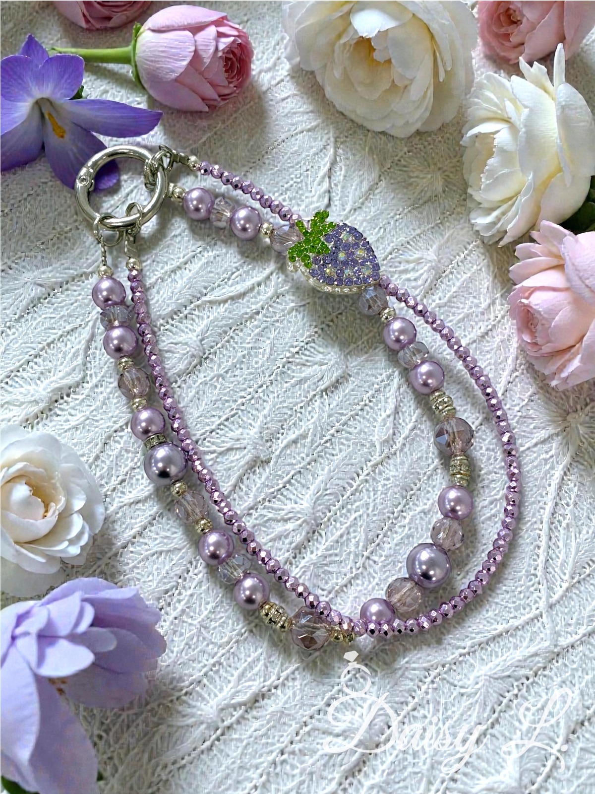 紫色草莓水晶手機掛繩