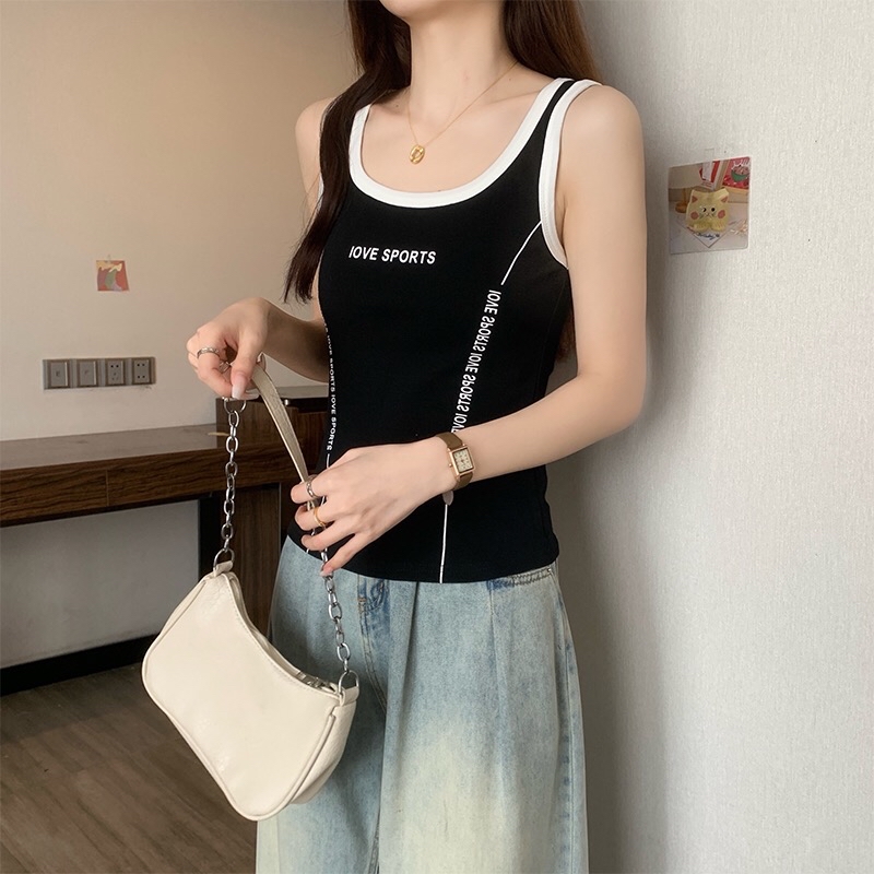 B247(16119) 美式LOVE SPORTS 撞色边小字体显瘦边黑白背心 