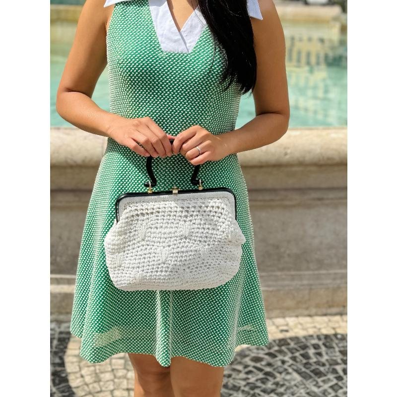 Vintage 1960s Made in Italy White Knitted Handbag with Black Structural Handle (B083)