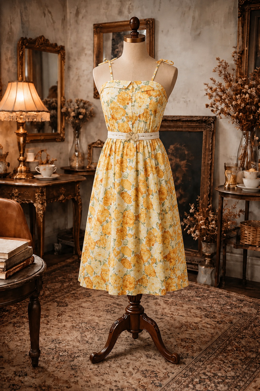 Vintage Japanese Summer Floral Spaghetti Strap Picnic Dress with Collar Detail (NA0785)