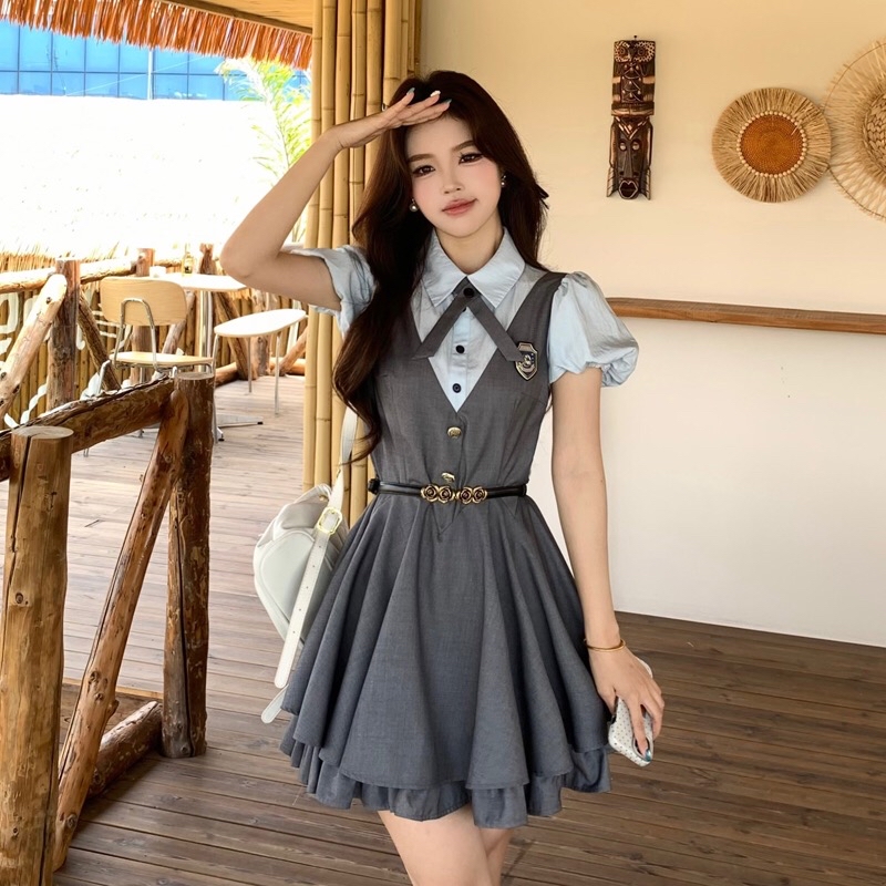 B206(8718) 韩系学院风假两件蓝拼灰下摆双层荷叶蓬蓬A字连身裙 