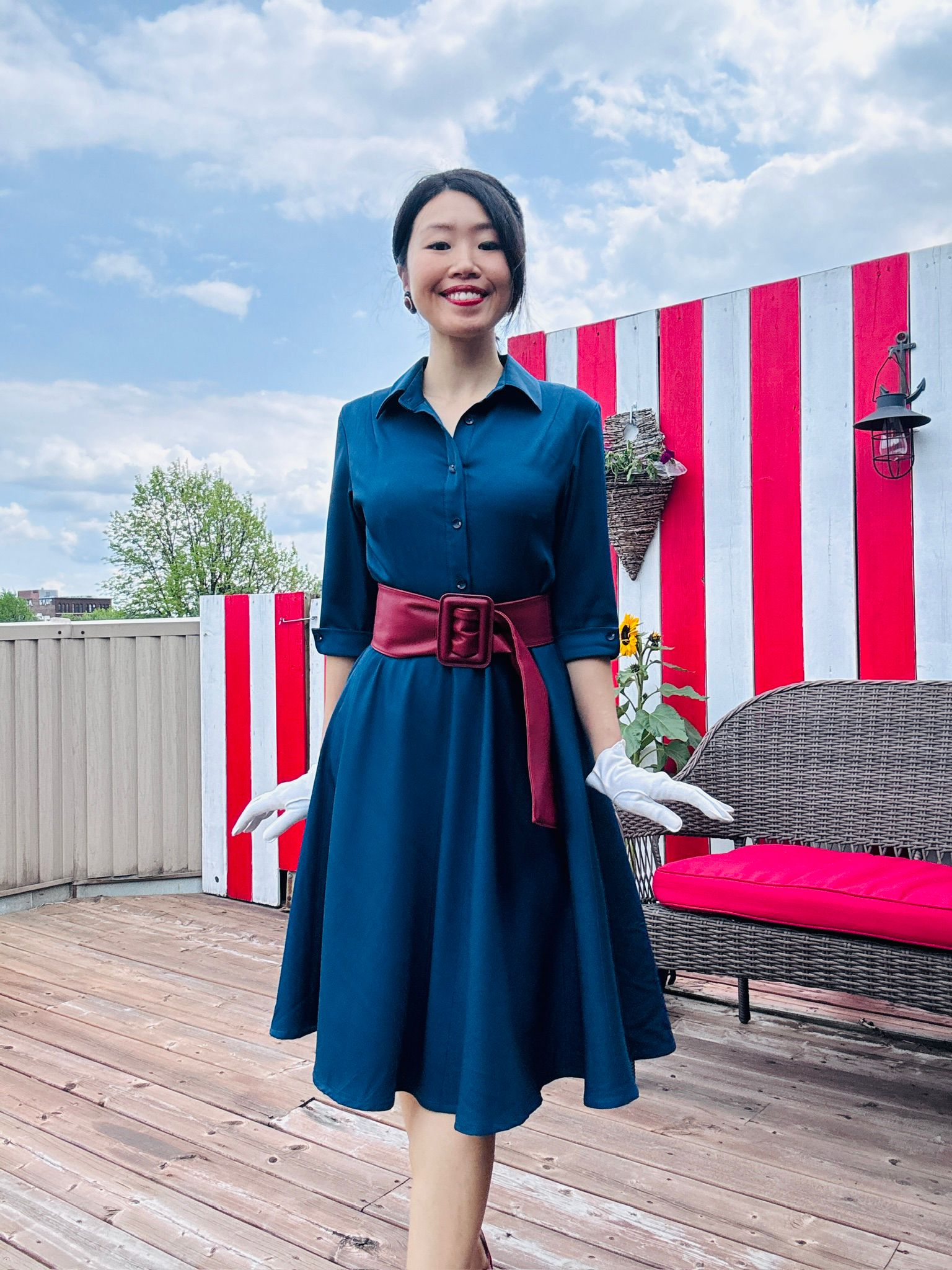 (Custom-Made) Midnight Heirloom Shirtdress with Vintage Buttons and Belt (FM237)