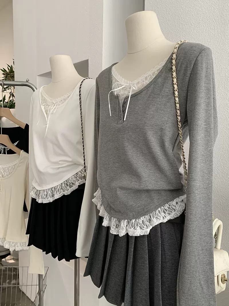 蕾丝花边拼接纯色上衣