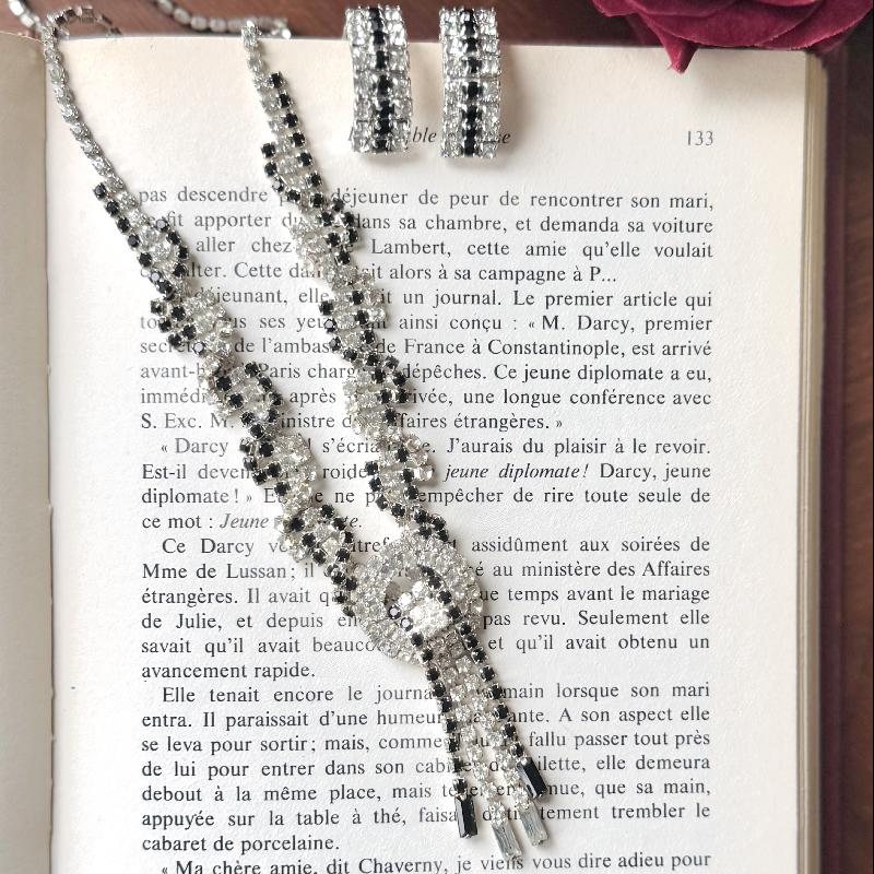 Preview - 1950s European Black & Clear Rhinestone Clip Earrings and Tassel Necklace (MT2263)