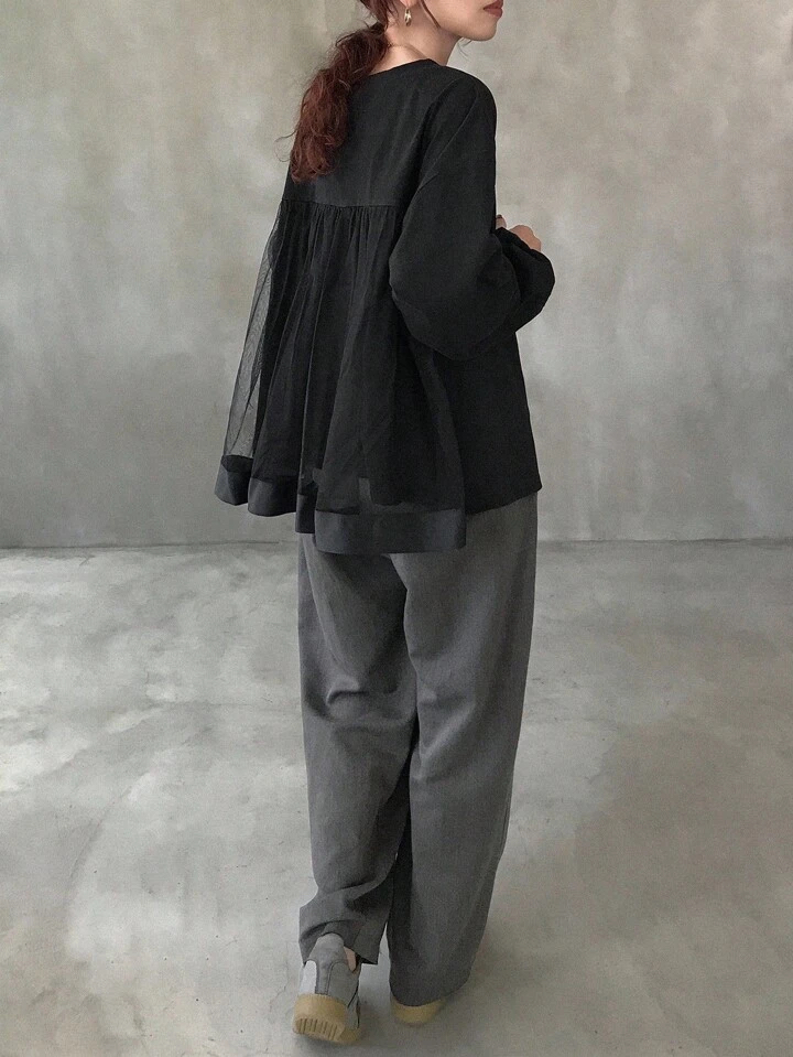 黑色寬鬆網紗拼接連衣裙