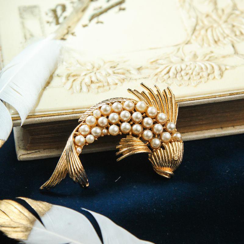 RARE! 1960-70s Cluster Pearl Golden Fish Brooch(FC262)