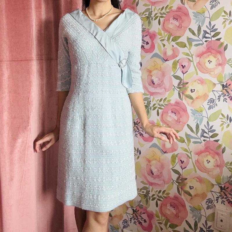 Rare! 1950s Powder Blue Wool Dress with Sparkly Belt Buckle and Satin Trim (MT1938)