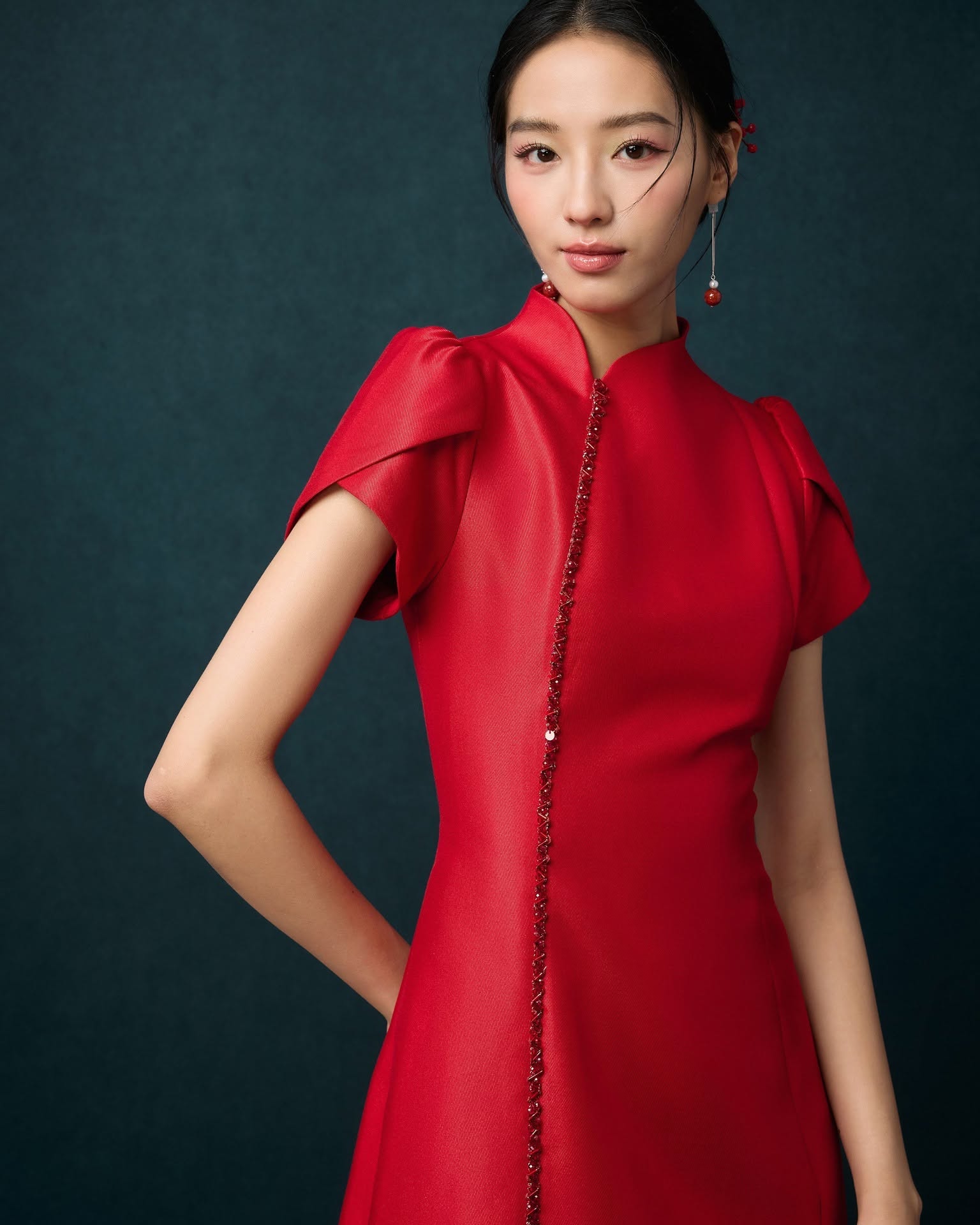 精致的珠饰点缀公主袖连身裙 D0096