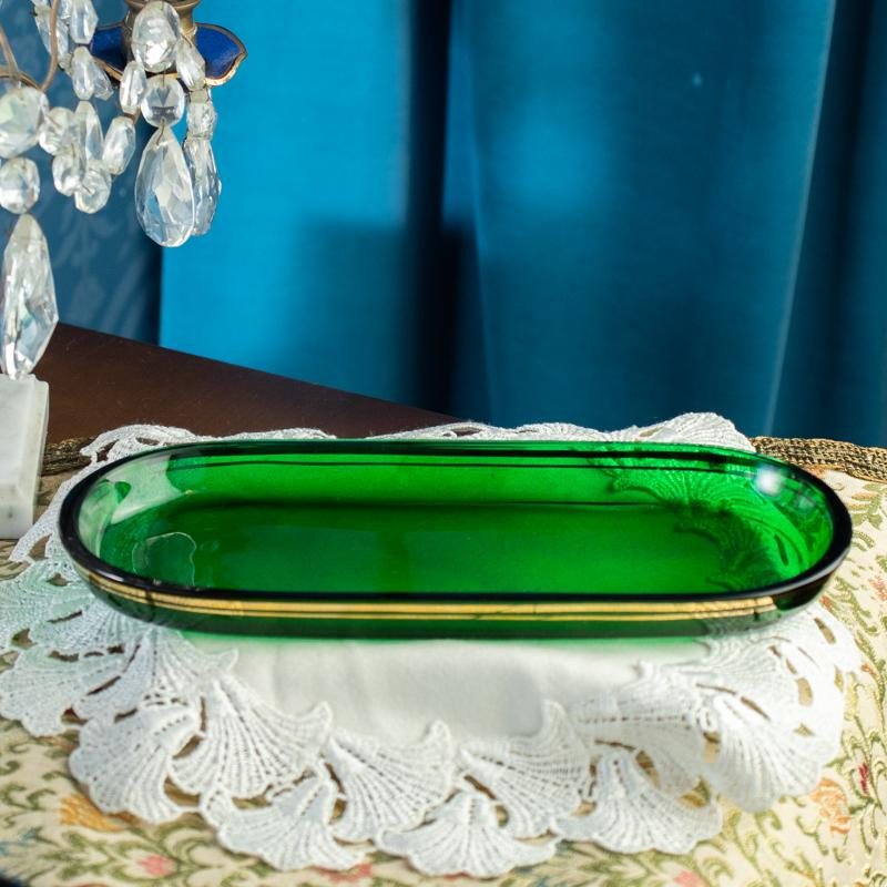 Vintage German Füger Taube 1947-1954 Art Deco Style Green Glass Dressing Table Set - Tray, Powder Box & Perfume Bottle (MX006)