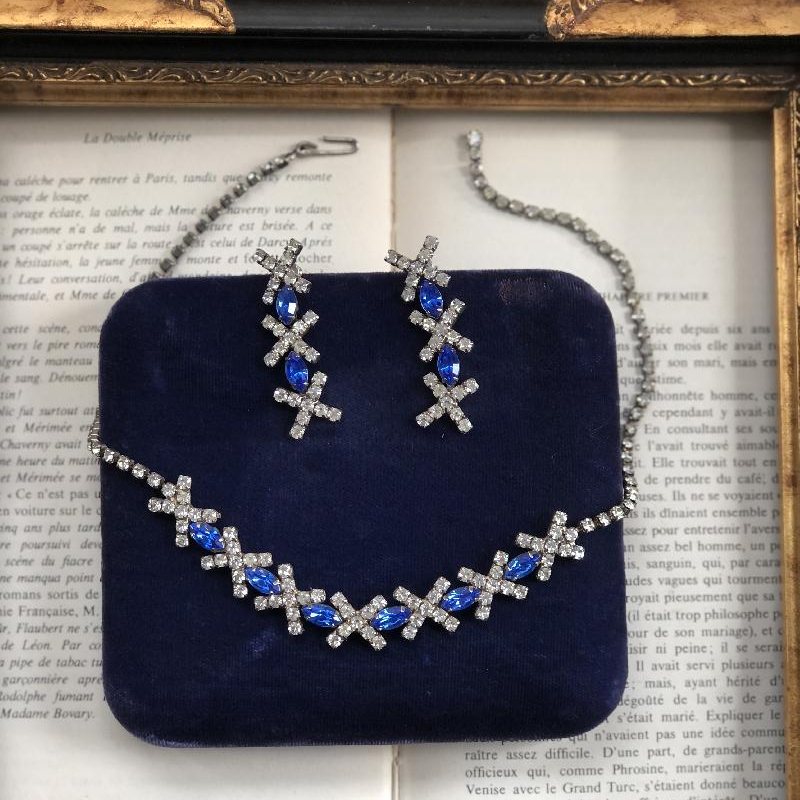 C.a. 1950s Cross Motif Sapphire Blue and Clear Rhinestone Cocktail Jewelry Set - Pierce Earrings and Necklace (MT1407)