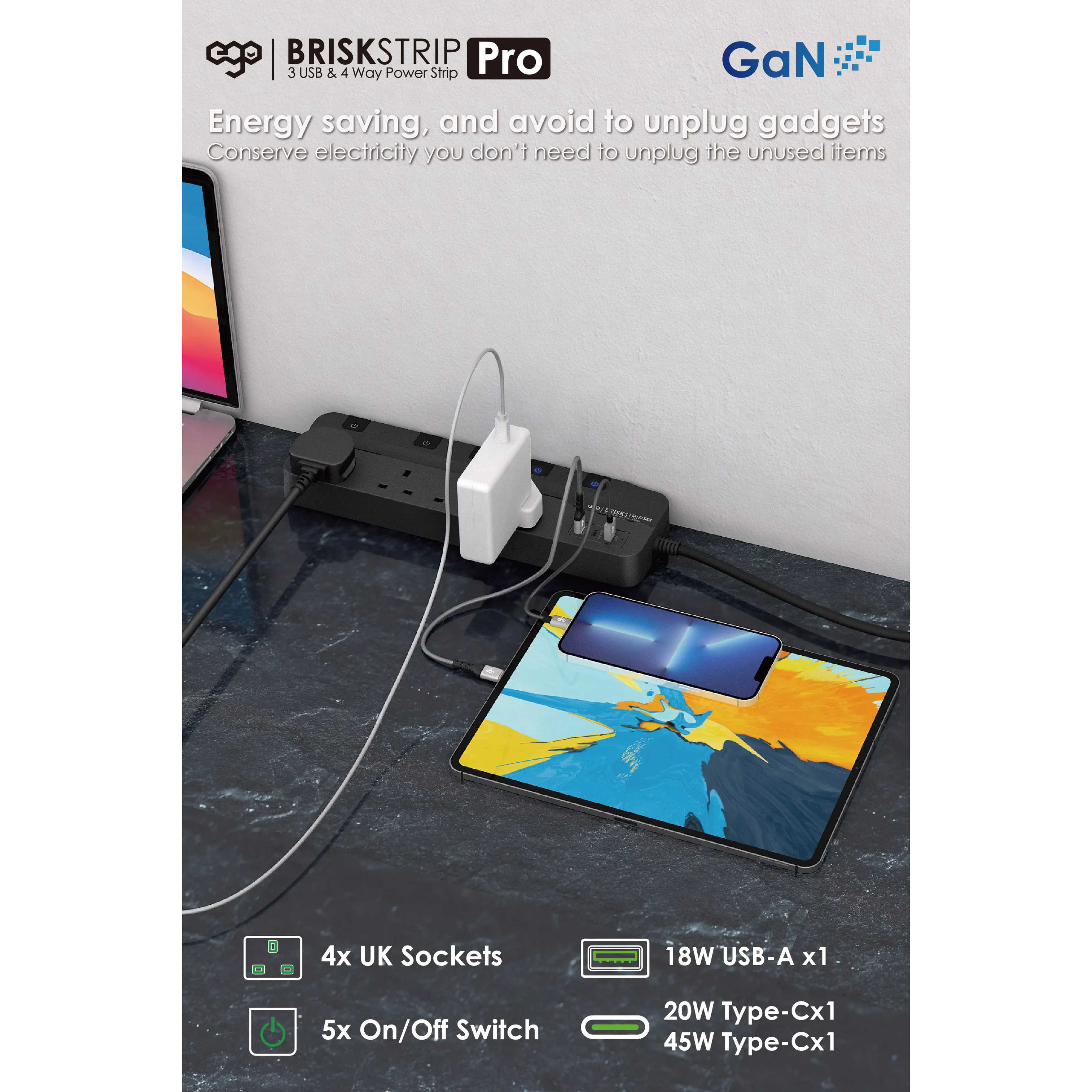 EGO BRISK STRIP 專業版 氮化鎵 3USB & 4插口防雷拖板