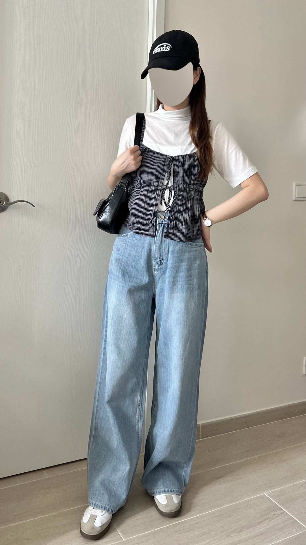 雙結皺皺格紋外搭背心 現貨