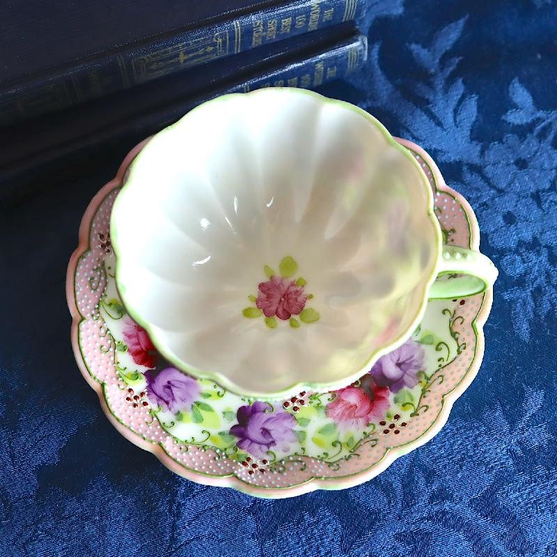 RARE! Antique Pre-Nippon Era Hand-painted floral &Relief Dot Pattern Three-legged Tea Set Duo - Eggshell porcelain(MT1569)