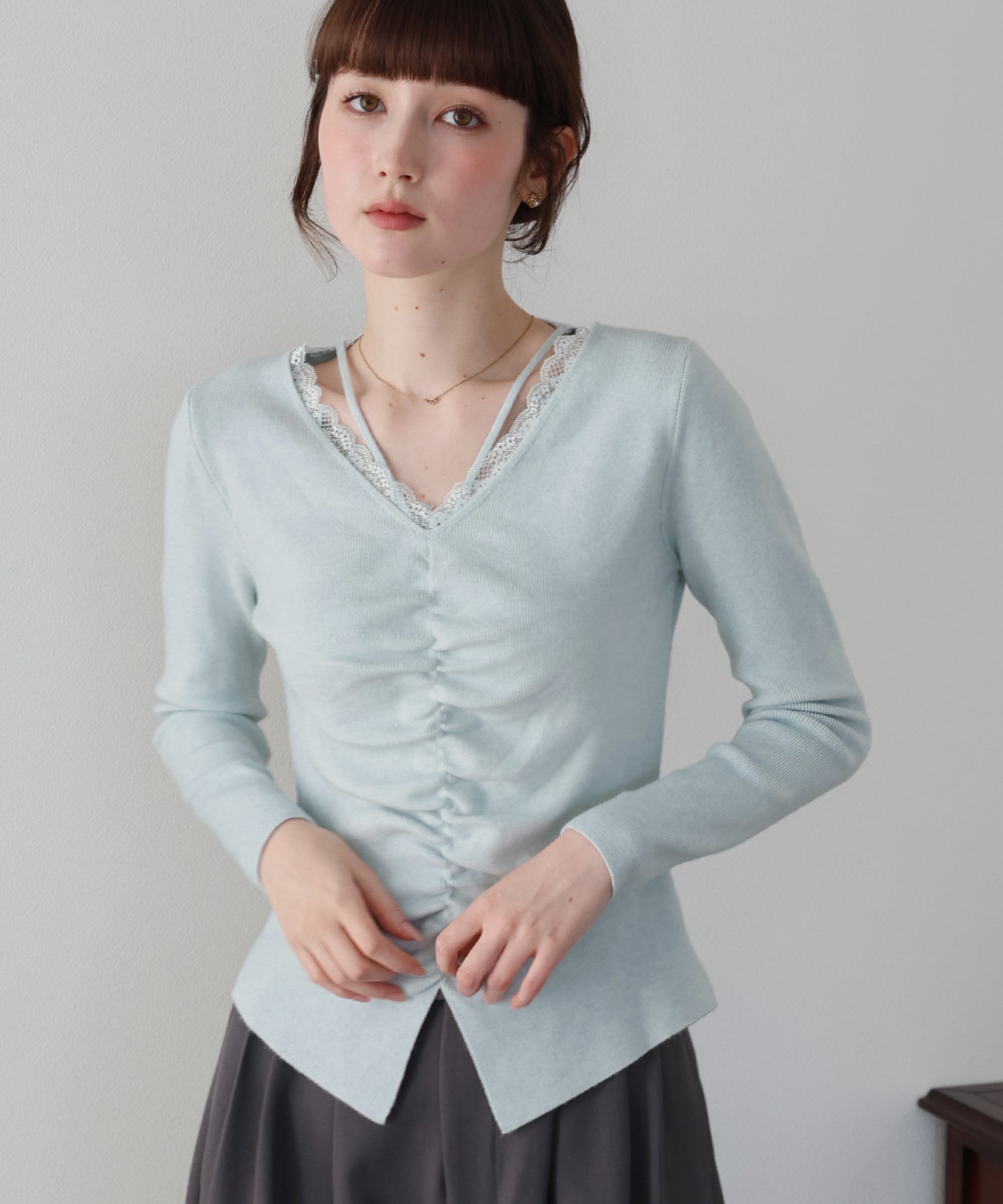 <JP> 蕾絲 v 領雙肩帶褶皺 Knit * 3色入 <預購>