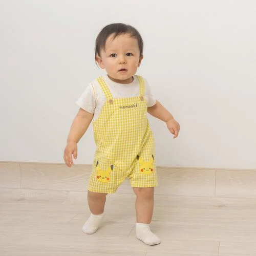 🇯🇵預訂 日本直送🇯🇵Monpoke比卡超刺繡貼花黃色格紋吊帶短袖連身服