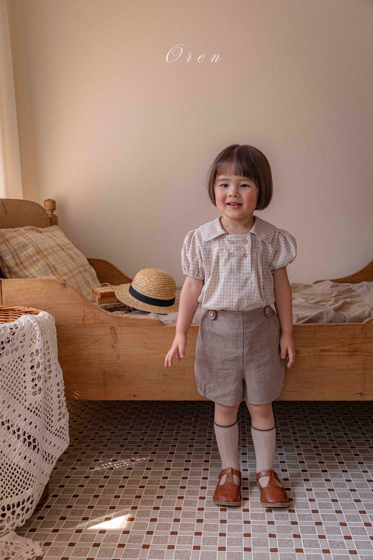 ☀️預訂 韓國直送☀️🇰🇷Oren 雙排鈕扣格紋翻領短袖包屁衣/連身裙/上下套裝