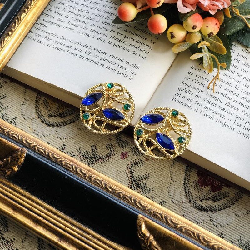 1980s Blue & Green Glass Stone Motif Pattern Statement Clip Earrings（MT1877-2）