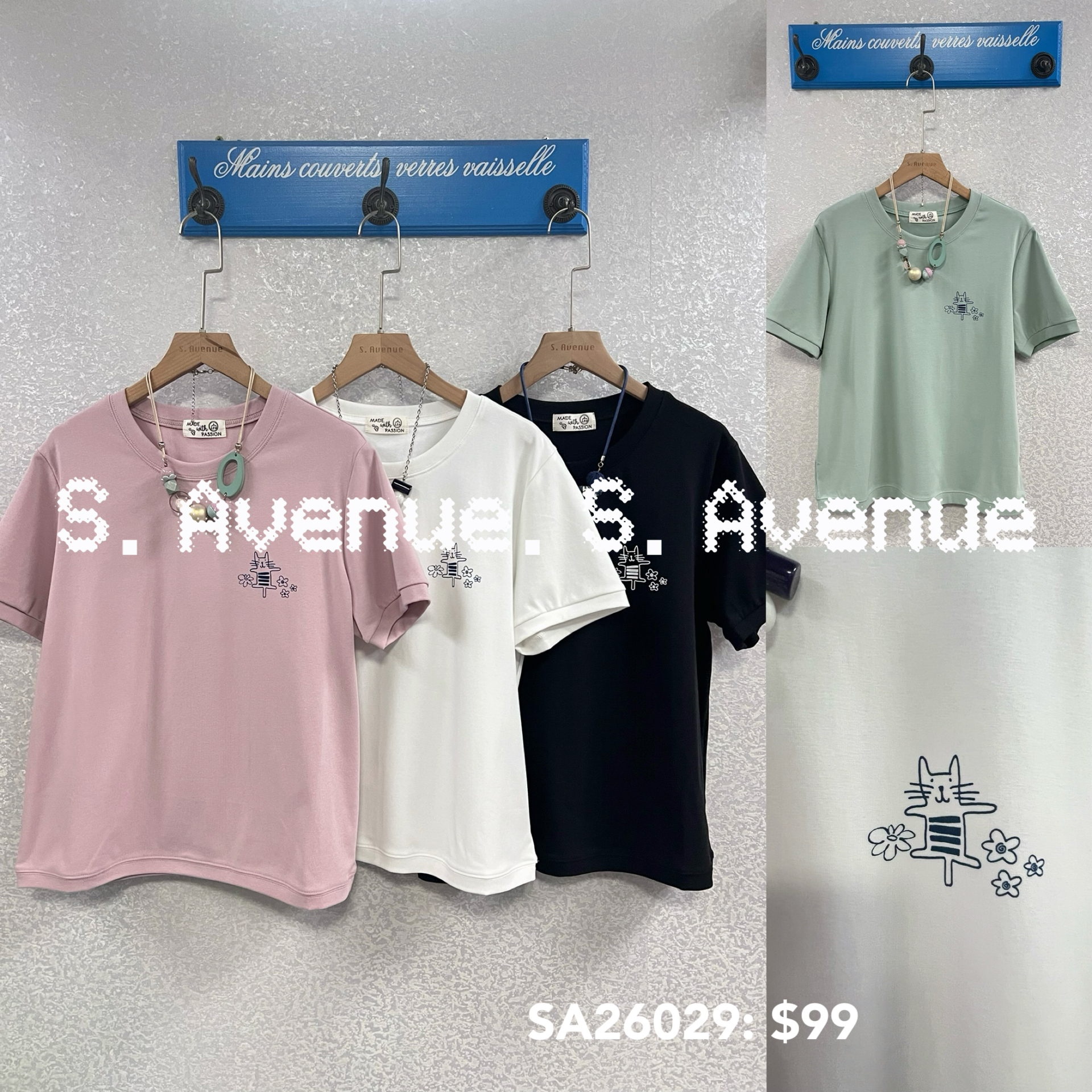 SA26029: 短袖印小貓圖簡約靚tee、