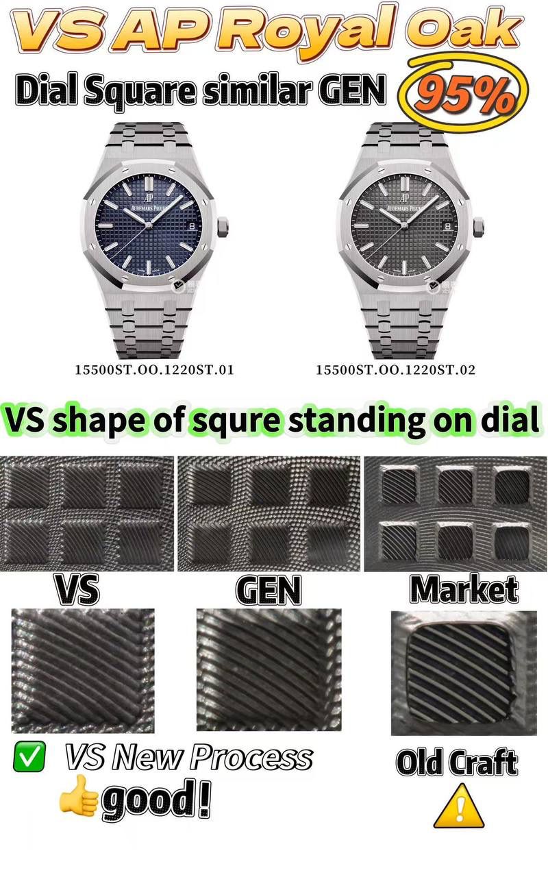 VS AP15500年度爆款丹东4302一体机芯（最新陶瓷滚珠轴承版）预售！ 1️⃣ 丹东4302一体机芯按最新原版开发（陶瓷滚珠轴承） 2️⃣VS表盘棋盘方格纹理形状相似度提升至原版的95%以上 光泽细腻 3️⃣ 表带长度与原版一致23节（非市场24节） 4️⃣ VS头粒下垂与原版效果幅度一致（头粒下垂） 5️⃣VS精密度高，时针分针针头宽度与原版一致（非市场做太宽了） 6️⃣VS与原版一致夜光有颗粒感、日历字体暖黄色。 7️⃣钢带细节与原版一致，螺丝孔下沉，“AP”字脚像海狮脚 （具体看图）