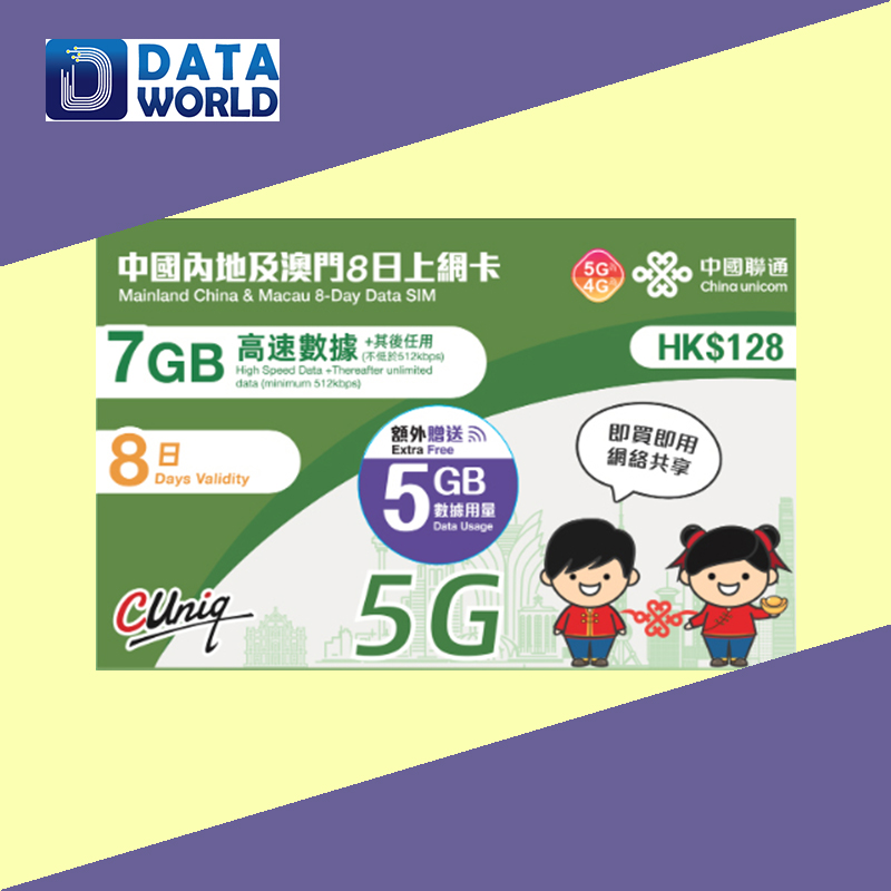 中國聯通 4G/5G $128 中國內地及澳門8日無限上網卡