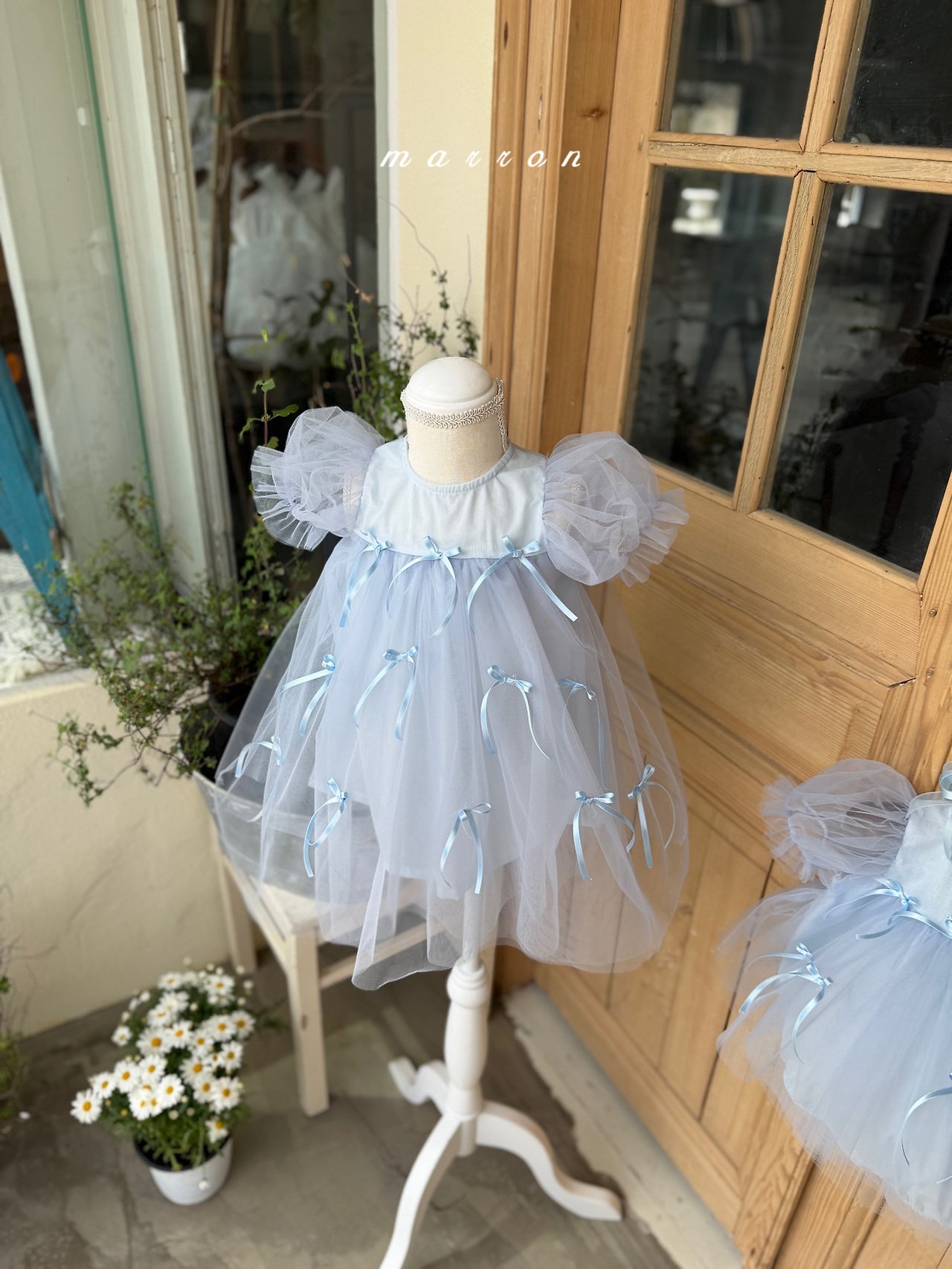 ☀️預訂 韓國直送☀️🇰🇷Marron兩色絲帶薄紗泡泡袖連身裙