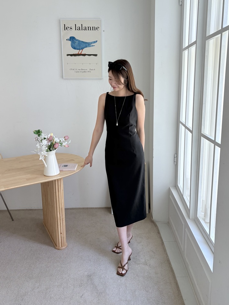 Linen Blend Twisted Strap Dress (Black)