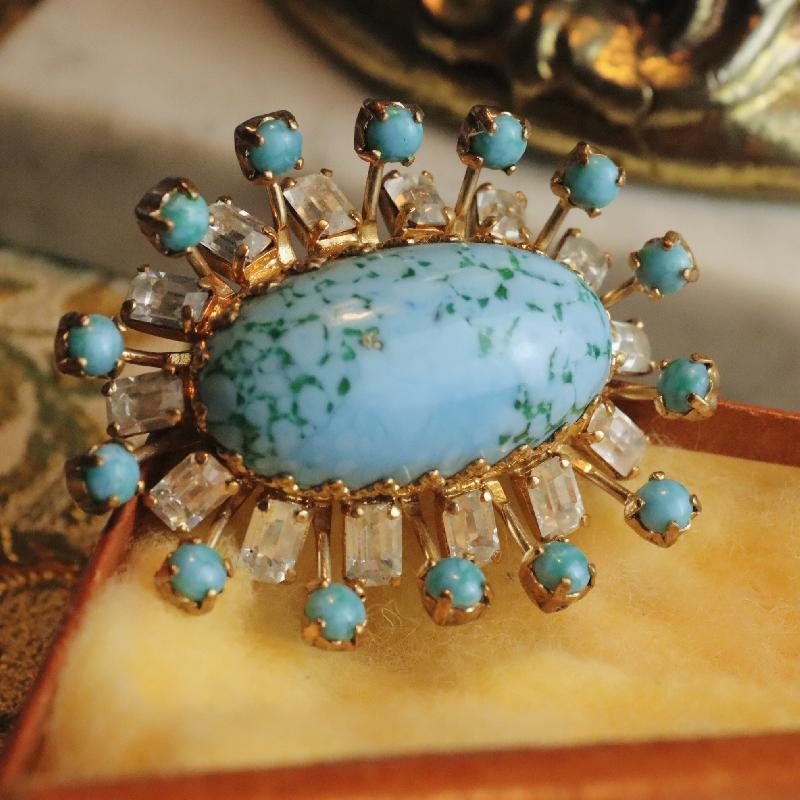 Mid-Century Czechoslovakian Faux Turquoise Oval Sunray Brooch (MZ075)