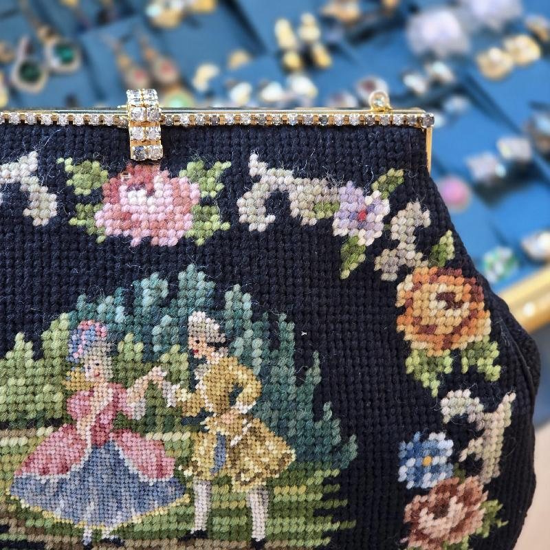 Rare! Courting Couple Needlepoint with Rhinestone Frame Handbag - Missing 2 stitches (MT2505)