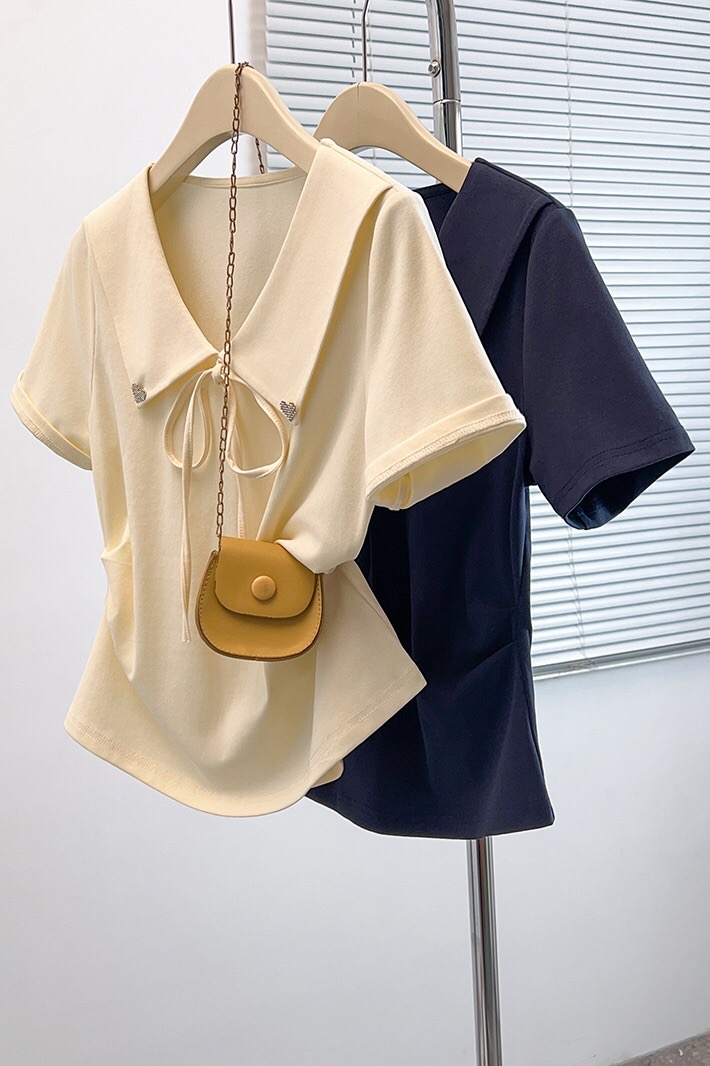 B212(36905) 韩版甜美风蝴蝶结系带大翻娃娃领边爱心扣褶皱腰蓝杏上衣