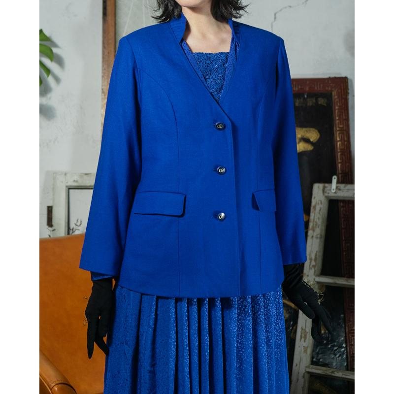 Vintage Japanese Blazer Royal Blue V-Neck Stand Collar Blazer(MT1609-7)