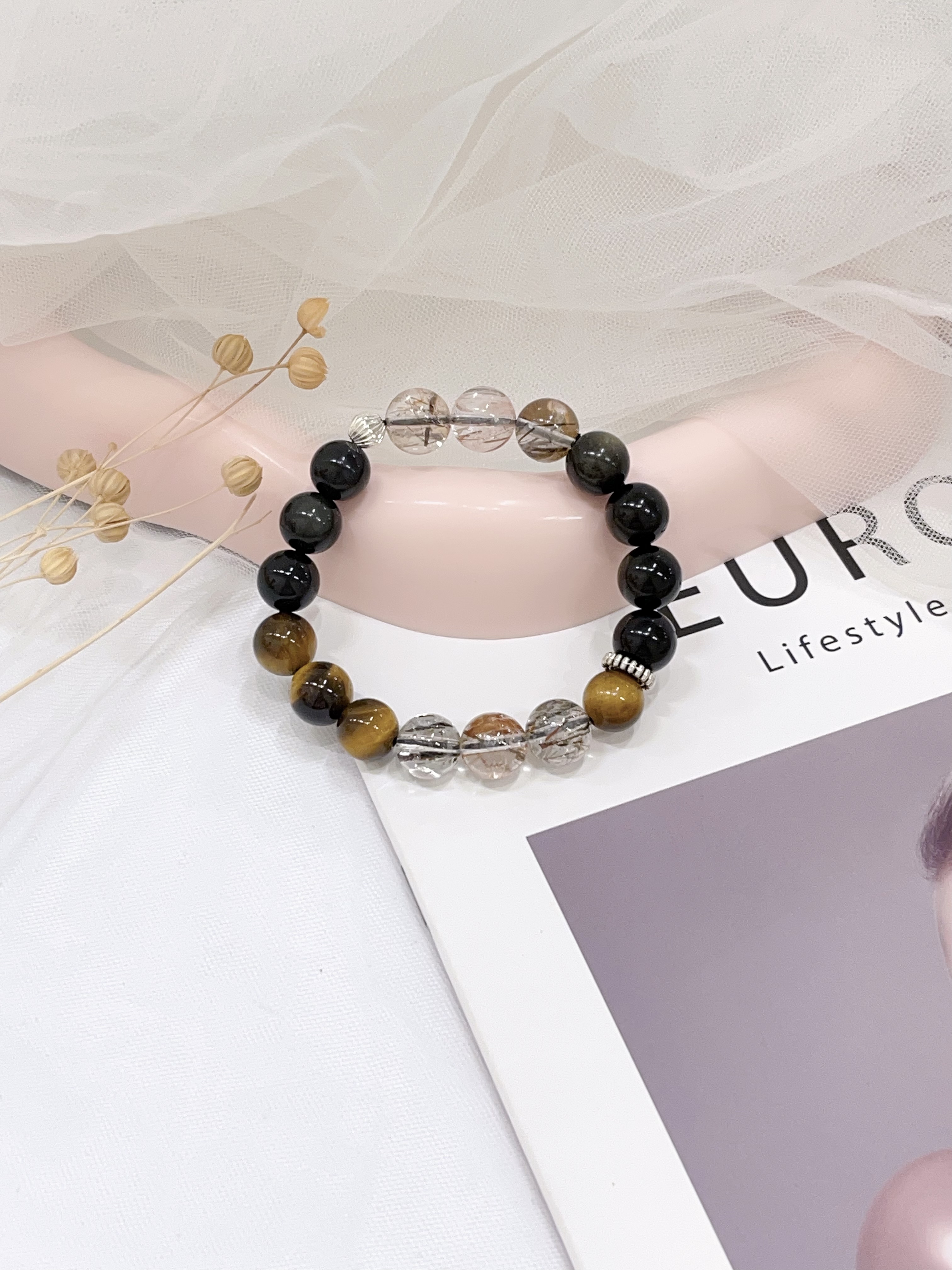 🐯 黄虎眼 × 金曜石 × 黑发晶手串 Yellow Tiger Eye, Gold Obsidian & Black Rutilated Quartz | 10mm