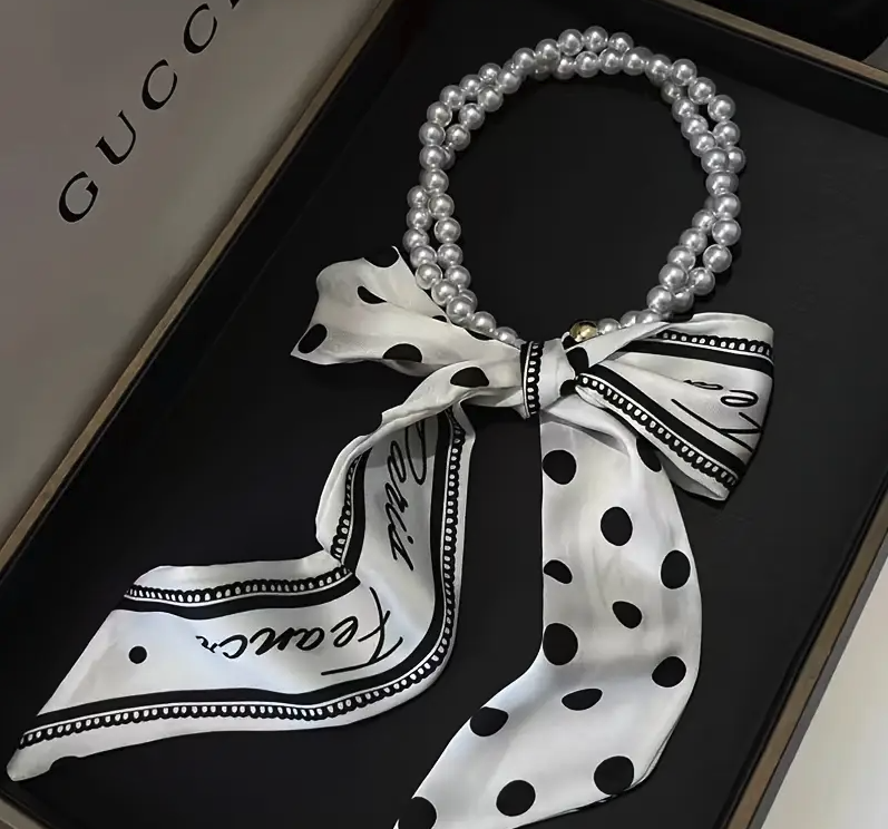 French Scarf with & Chain Accents - Blue & White Abstract