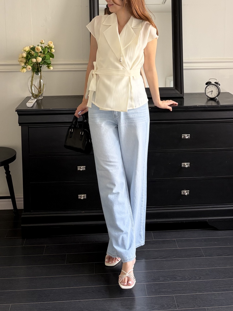Silky Belted Wrap Blouse (Ivory)