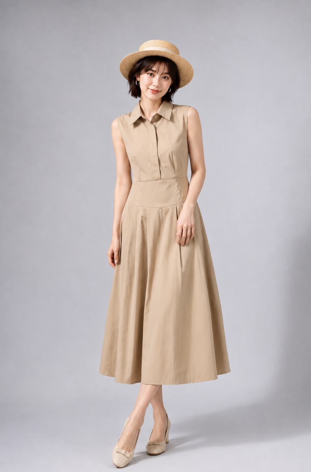 1501BD Sleeveless Collared Fit & Flare Midi Dress