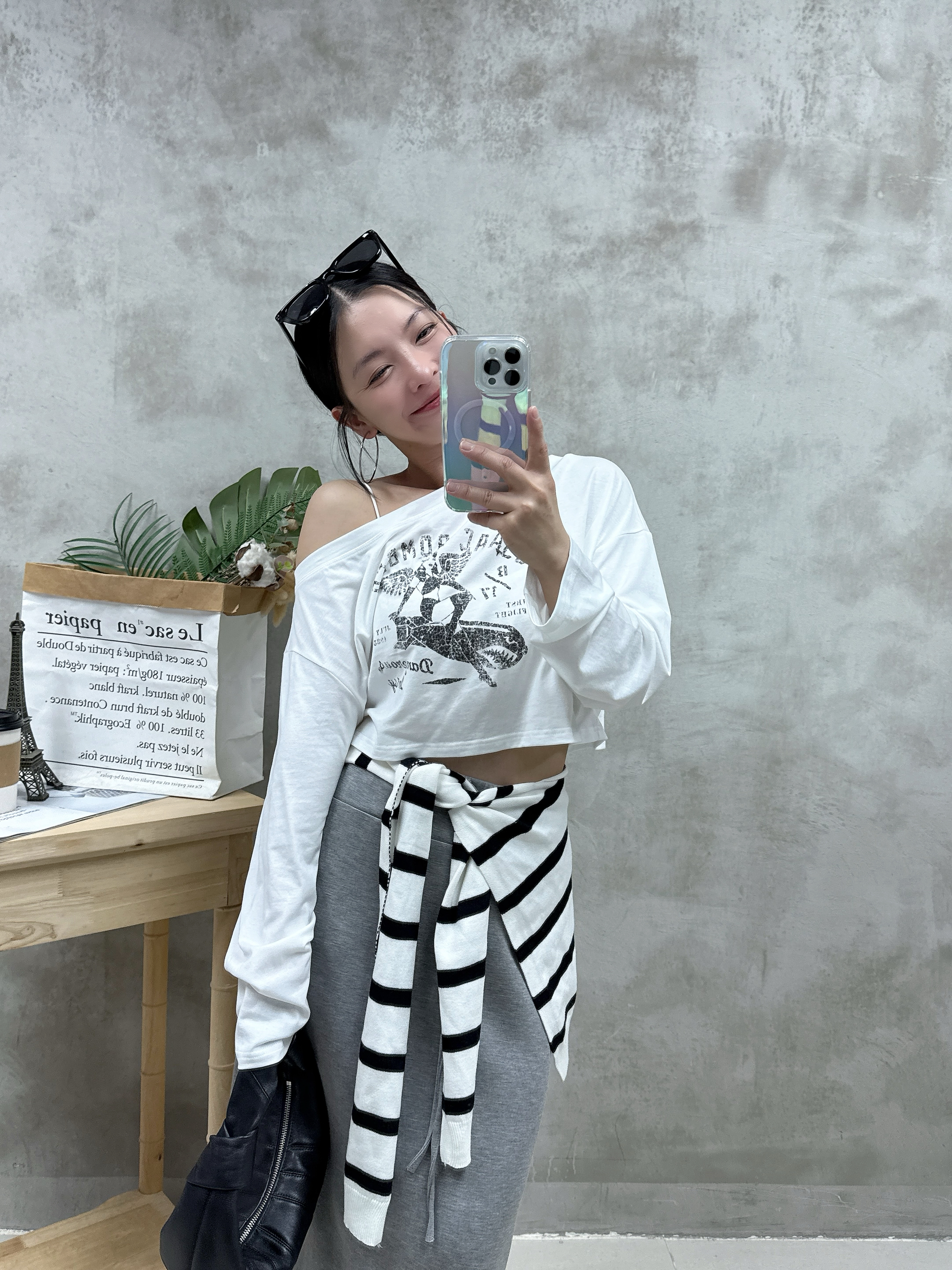 背心+單邊露膊print Tee