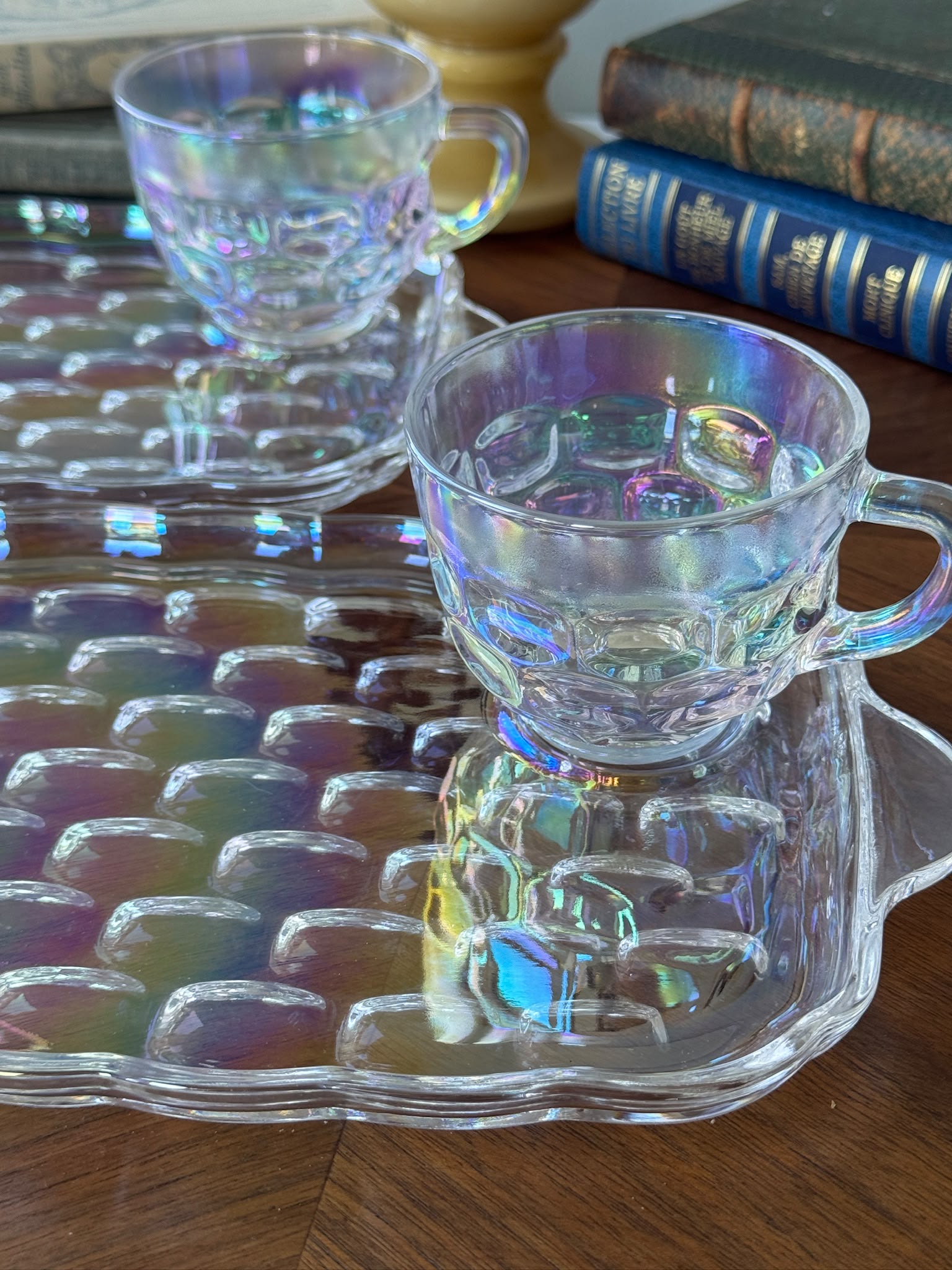 Vintage C.a. 1960s USA Federal Glass Yorktown “Thumbprint” Iridescent Snack Set -2 Sets  (MT2641)