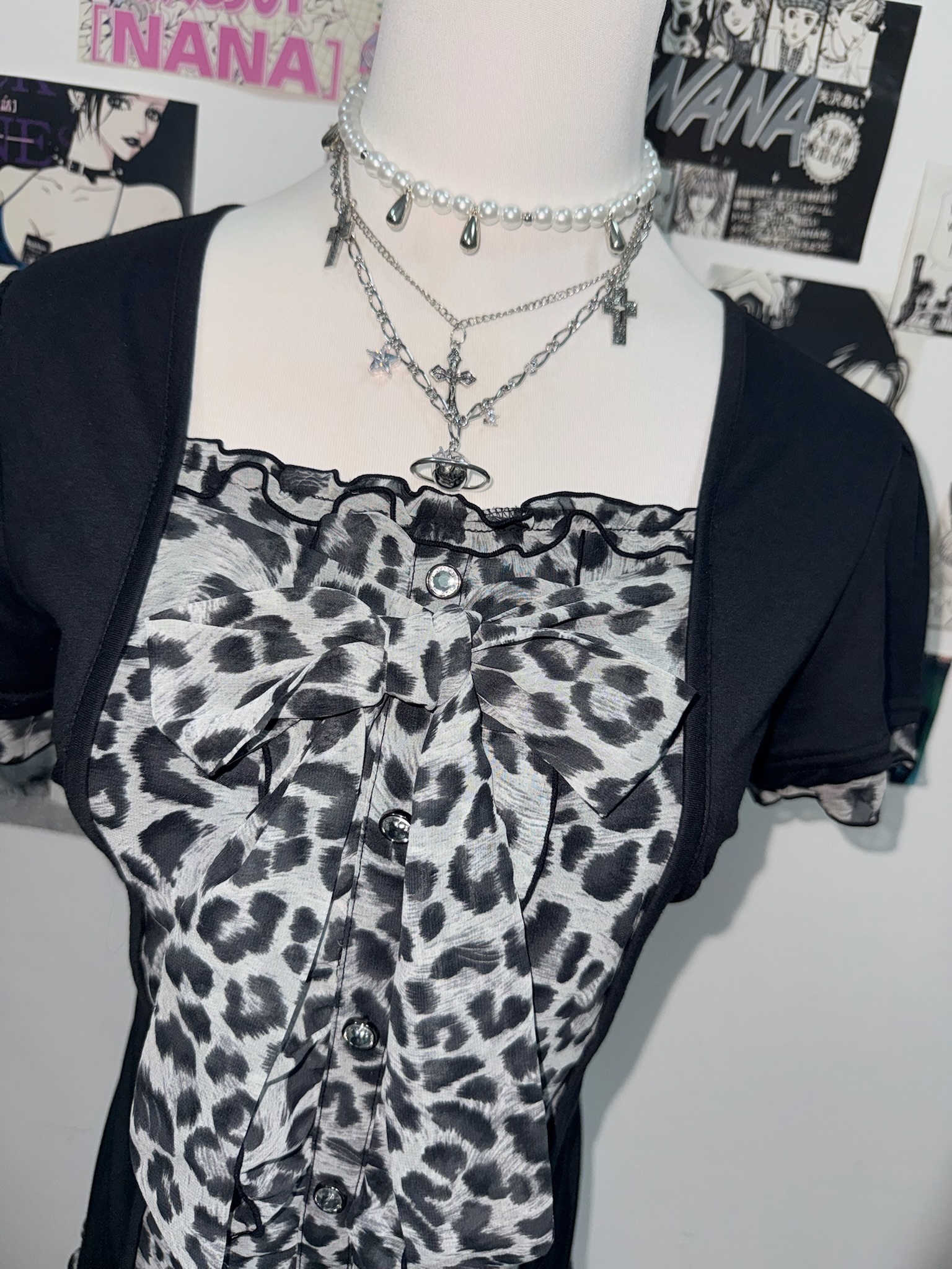 Grey Leopard Mesh Patchwork Short Sleeve Top
