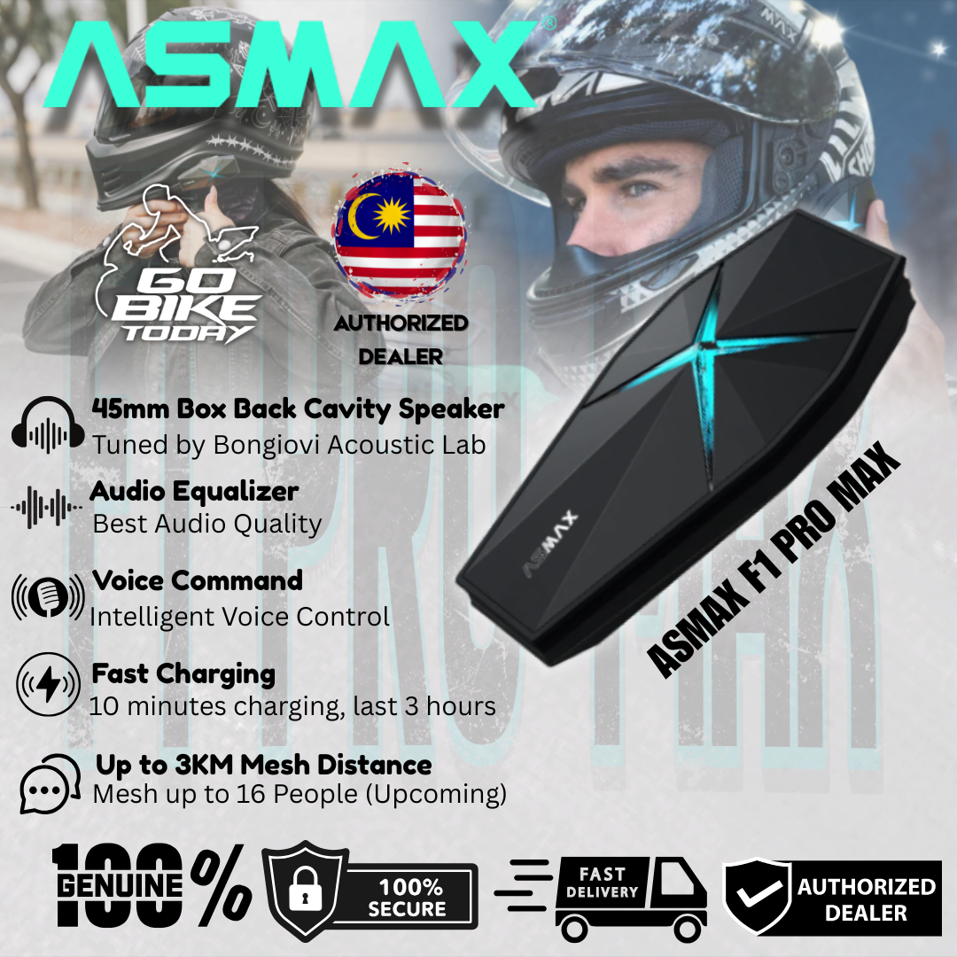 ASMAX F1 Pro MAX Mesh Intercom | Interkom Bluetooth Premium Motosikal | Diluluskan MCMC Malaysia