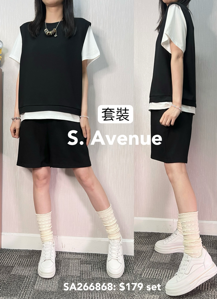 SA266868: 短袖假兩件tee配短褲套裝