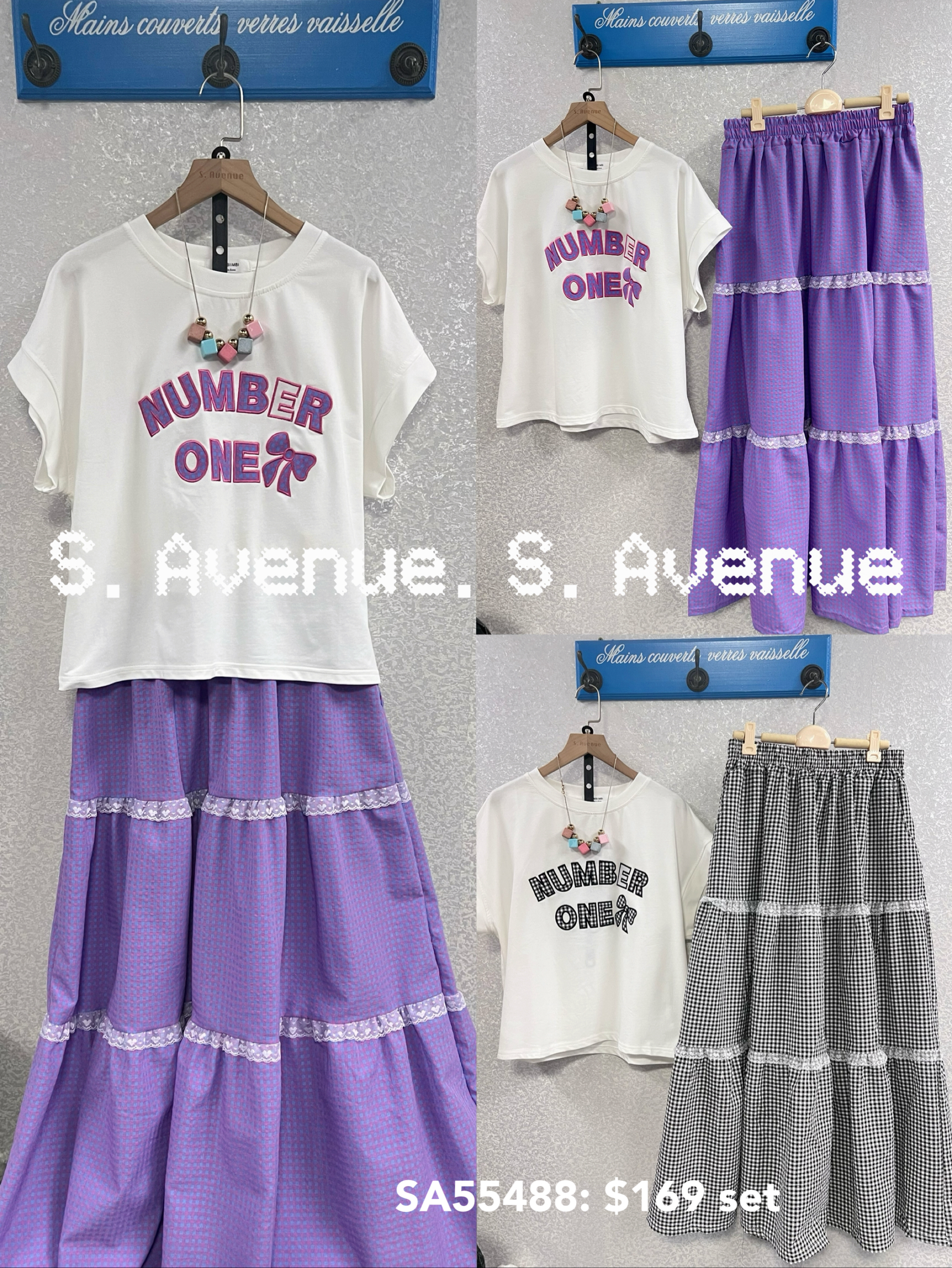 SA55488: 短袖英文字tee配橡筋腰細格長裙套裝