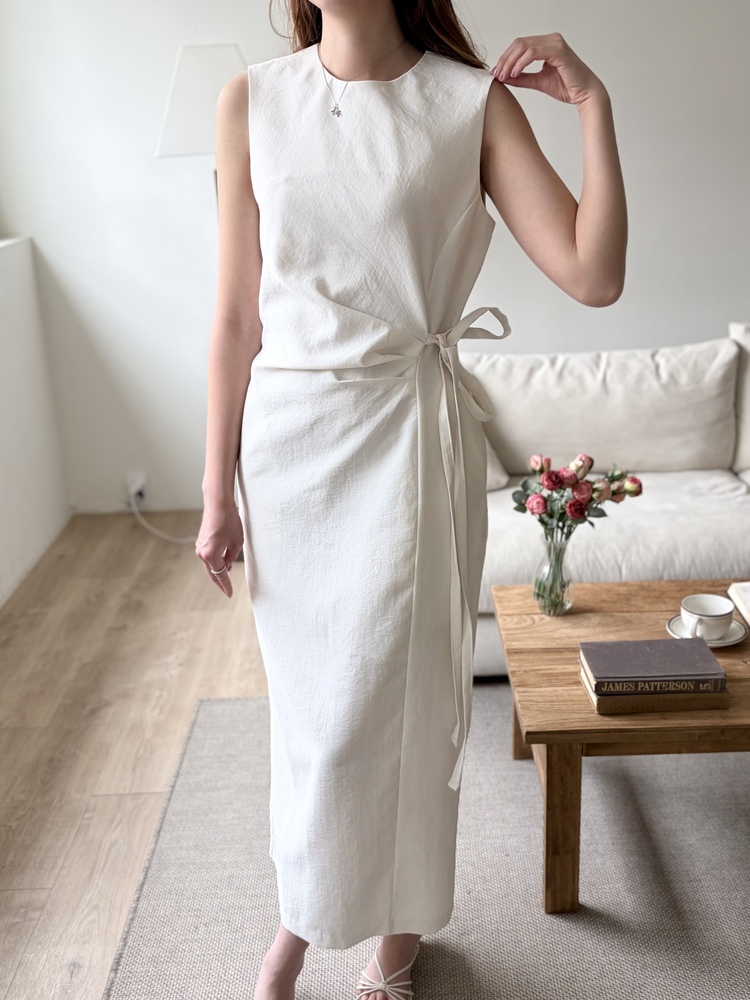 Gathered Waist Tie Dress (Ivory)