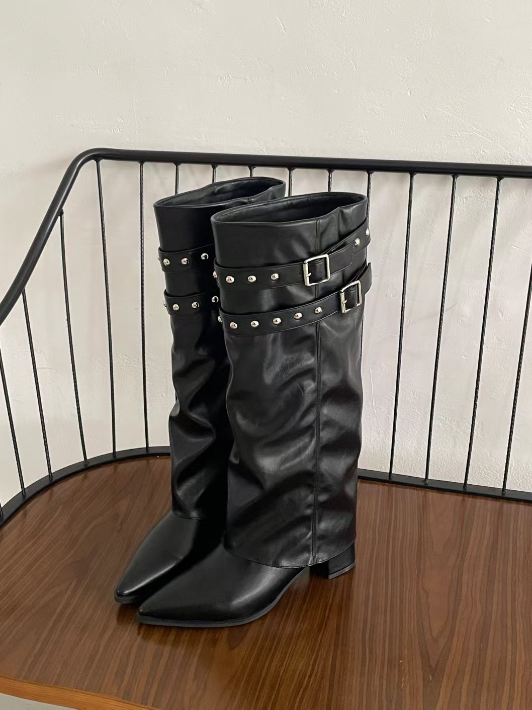 Pointed Studded Buckle Tall Boots