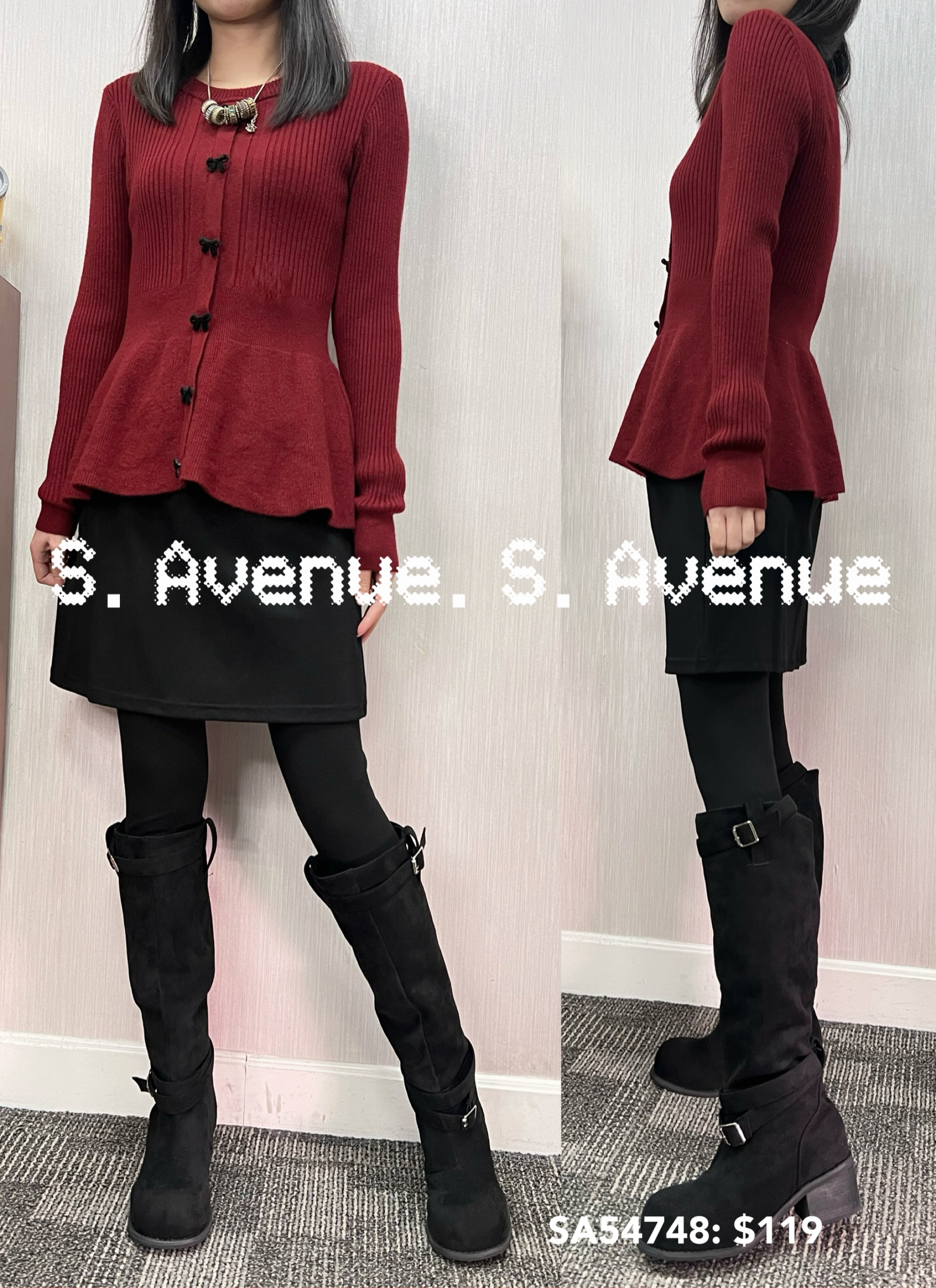 SA54748: 長袖蝴蝶假鈕修身魚尾top