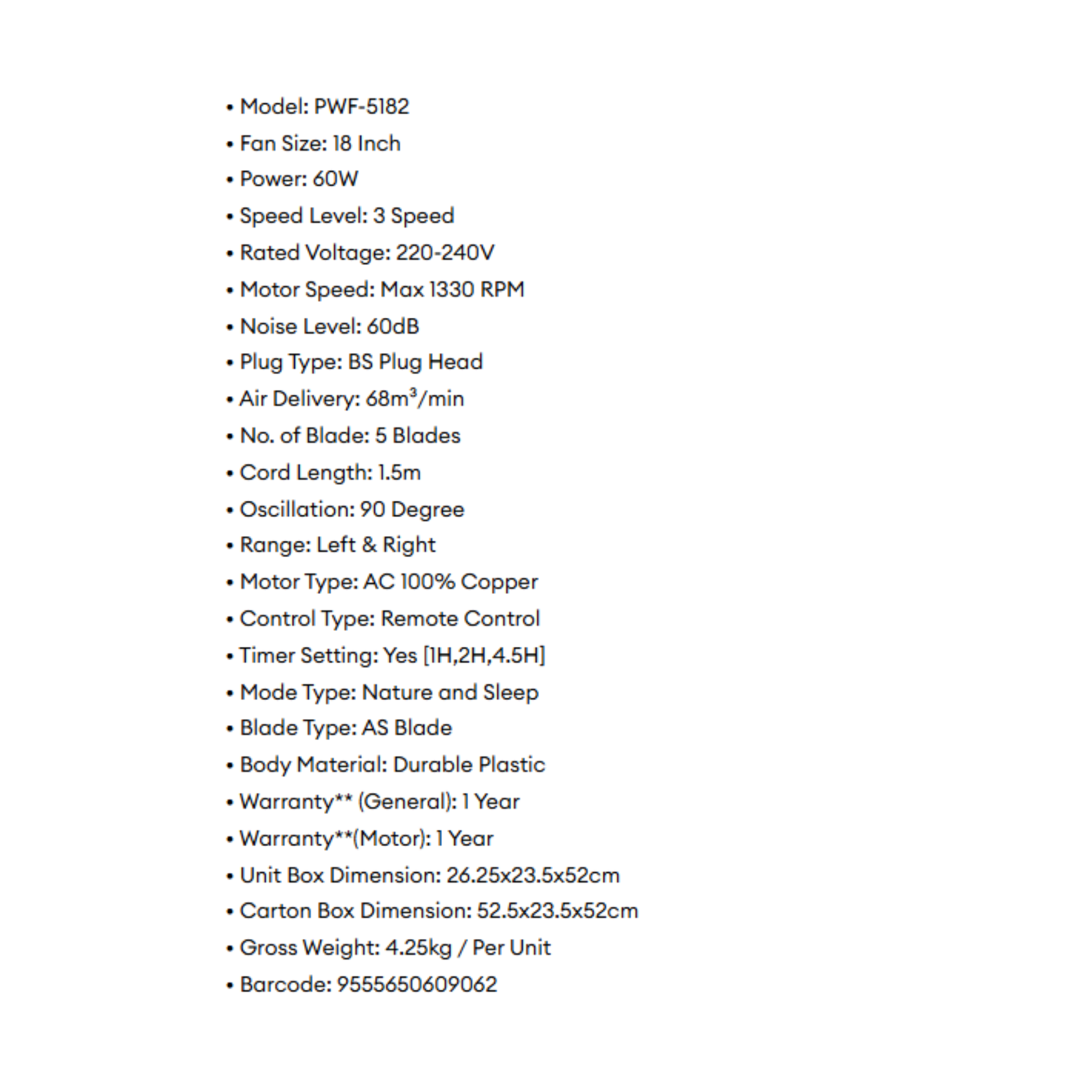 Phison 18" Remote Control Wall Fan PWF-5182