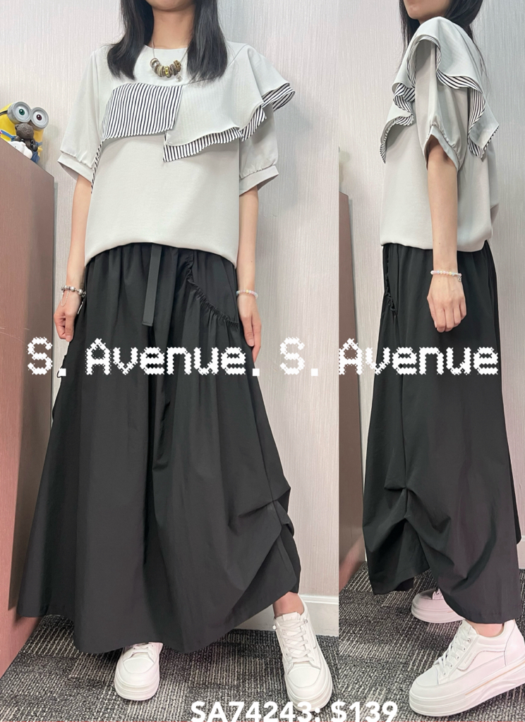 SA74243: 短袖拼直條ruffle雪紡top