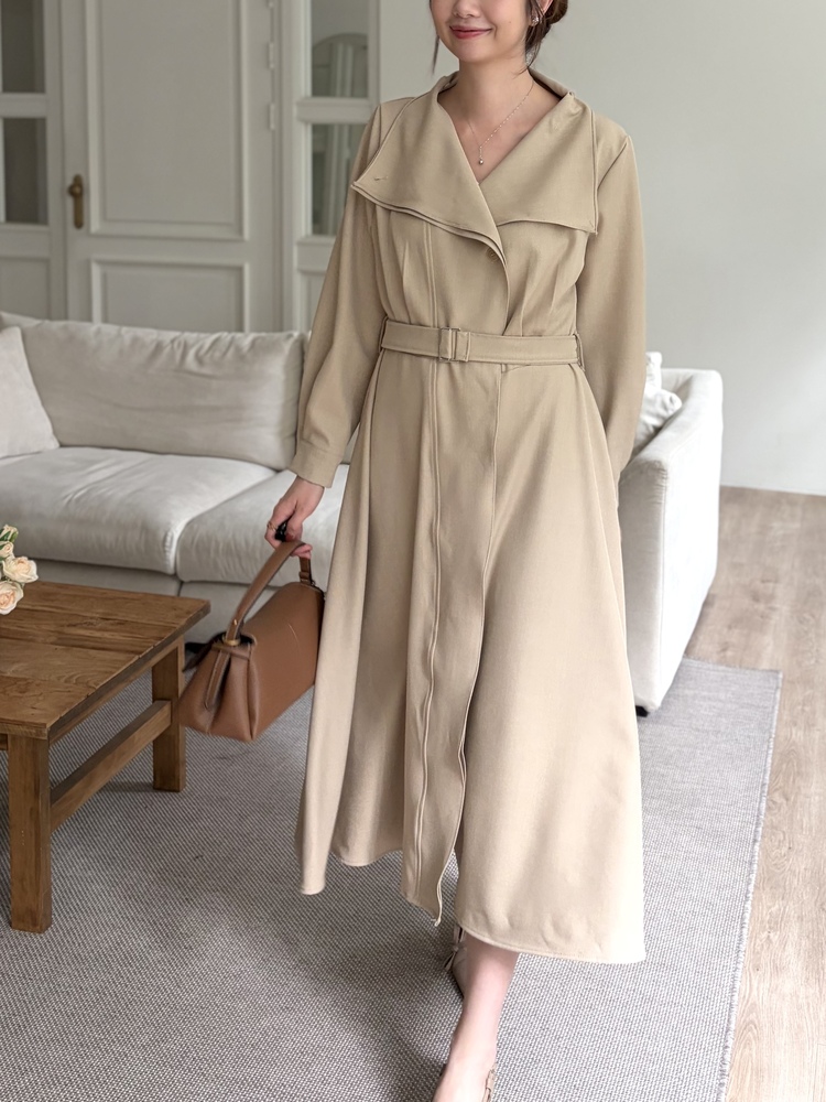 Classic Flared Trench Dress (Warm Beige)