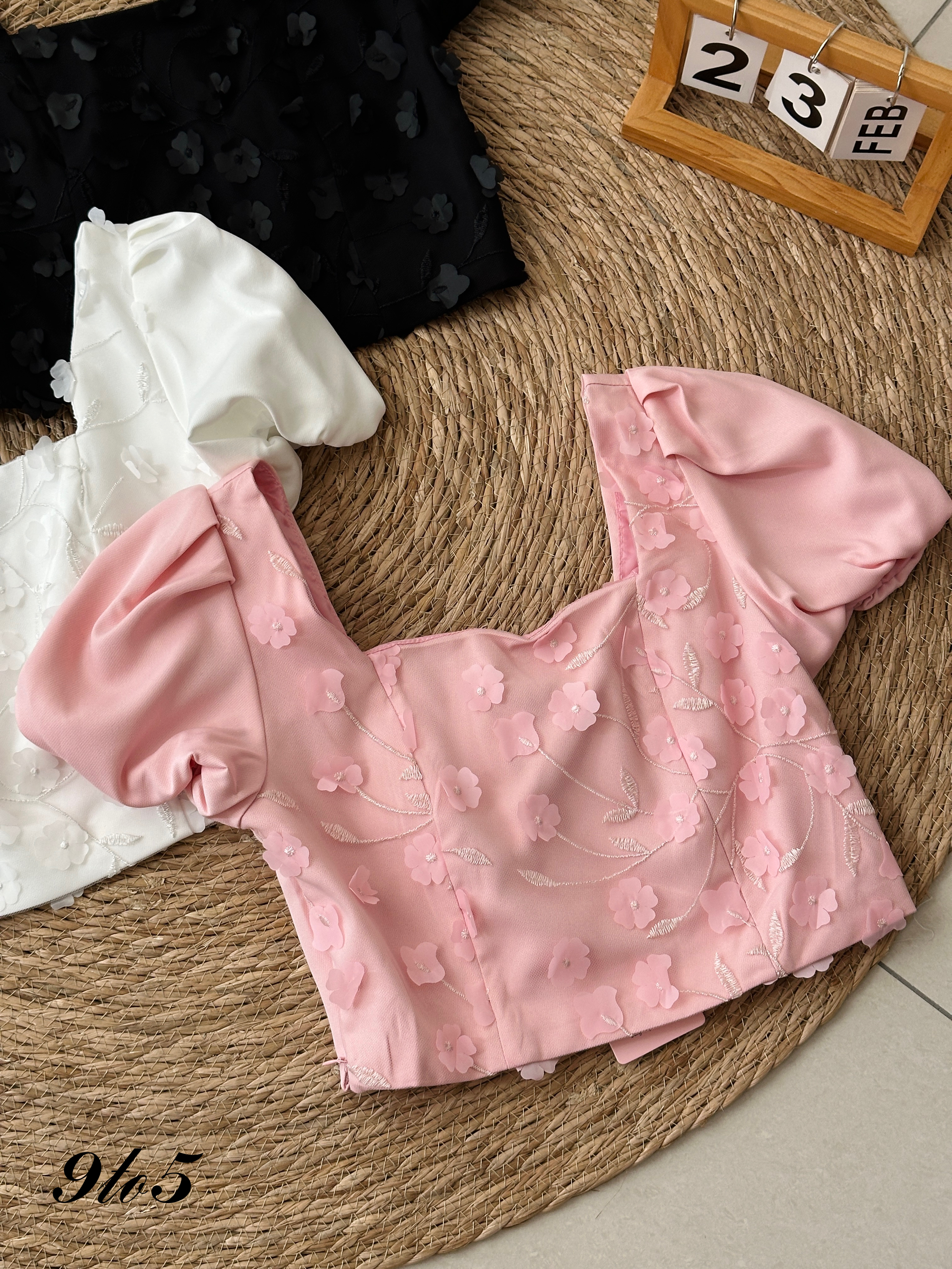 T3961 Puff Sleeve Square Neck Crop Top - 3 Colors